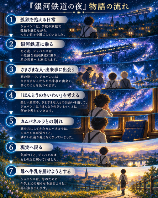 『銀河鉄道の夜』の物語を7つの流れで整理した図解