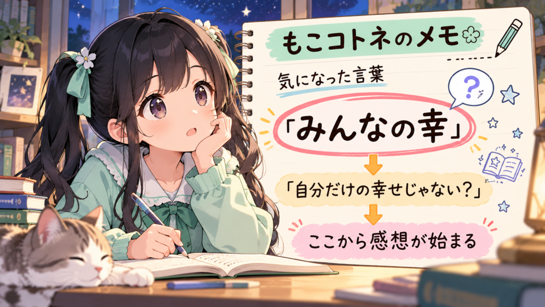 「みんなの幸」という言葉をノートにメモするもこコトネ