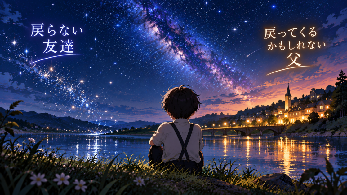 消えていく星と町の灯りの間に立つ少年
