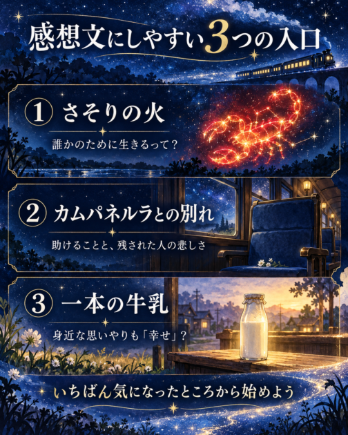『銀河鉄道の夜』の感想文にしやすい3つのテーマを示した図解