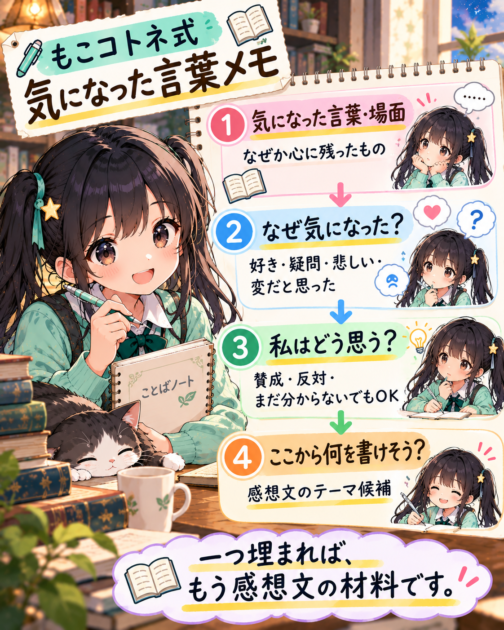 気になった言葉から感想文のテーマを作るもこコトネ式メモ