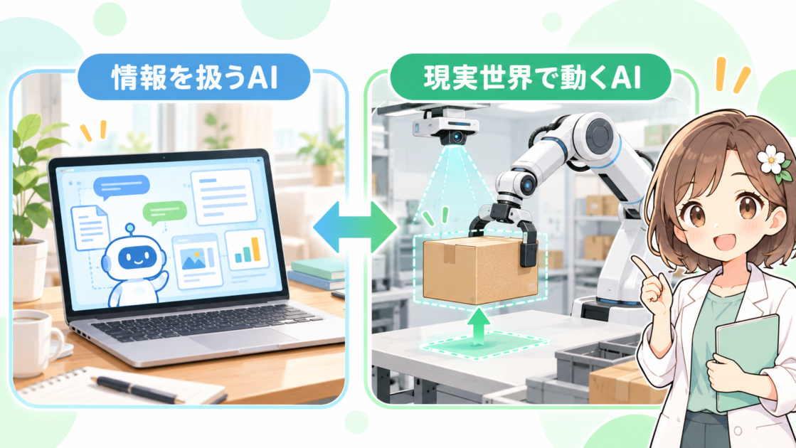 画面で文章を生成するAIと、現実世界の物を認識して動作するロボットを比較した図