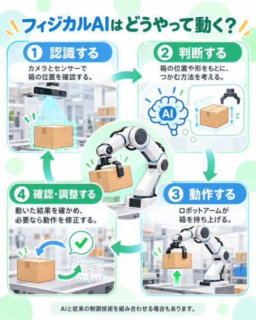 フィジカルAIが箱の位置を認識し、動作を判断・実行して、結果を確認し調整する4工程の図解