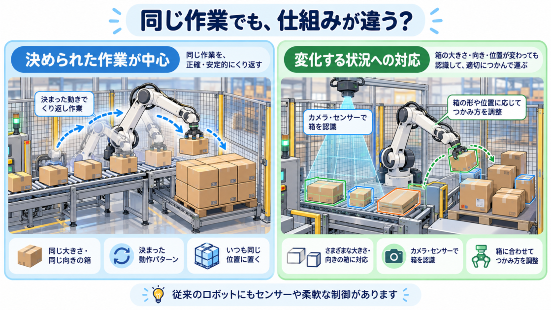 決まった位置にある箱を運ぶロボットと、箱の位置や形に応じてつかみ方を調整するロボットの比較図