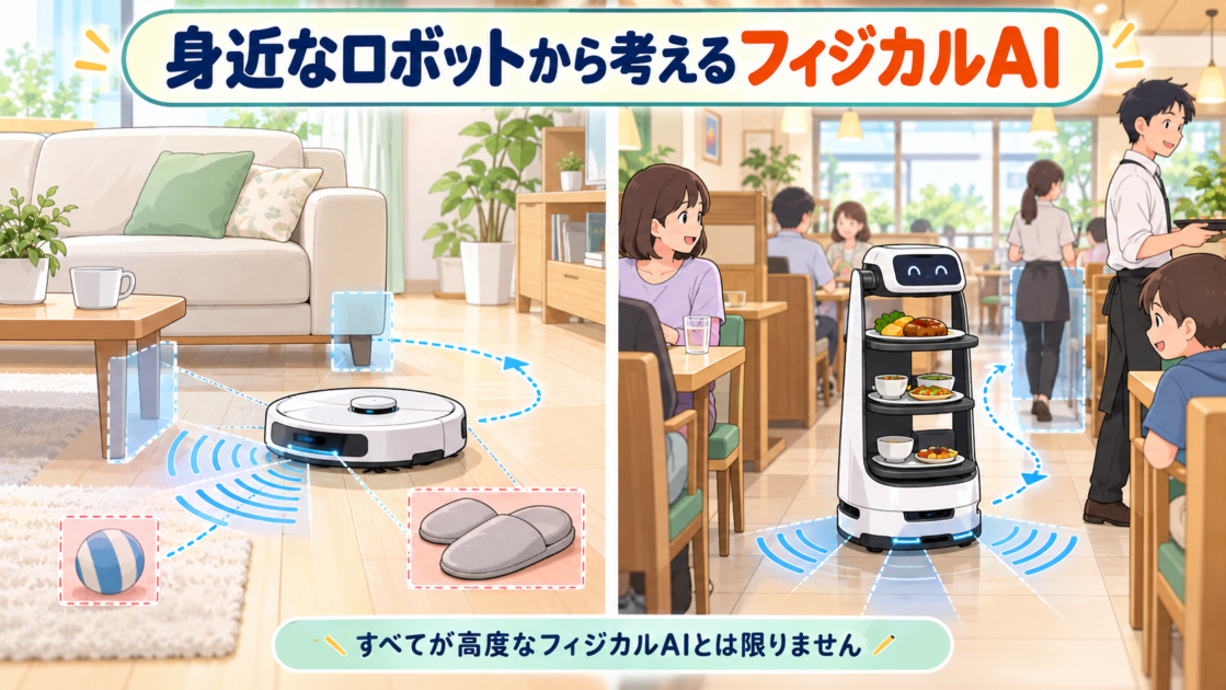 家庭で掃除するロボット掃除機と、飲食店で料理を運ぶ配膳ロボットの利用場面