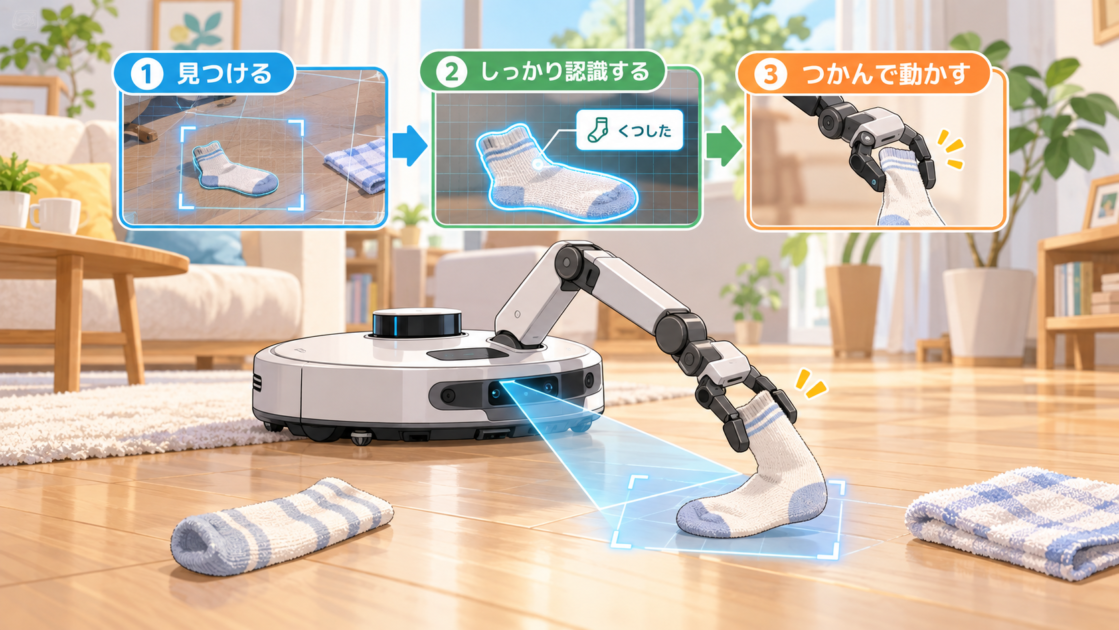 ロボットアームを備えた家庭用ロボットが床の靴下を認識して持ち上げようとしている概念図