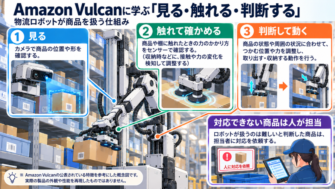 物流ロボットがカメラによる認識と接触時の力の検知を利用し、商品を操作する仕組みの概念図