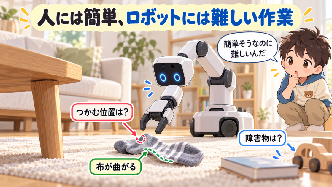 床の靴下をつかもうとするロボットと、つかむ位置や布の変形、障害物への対応という課題を示した図