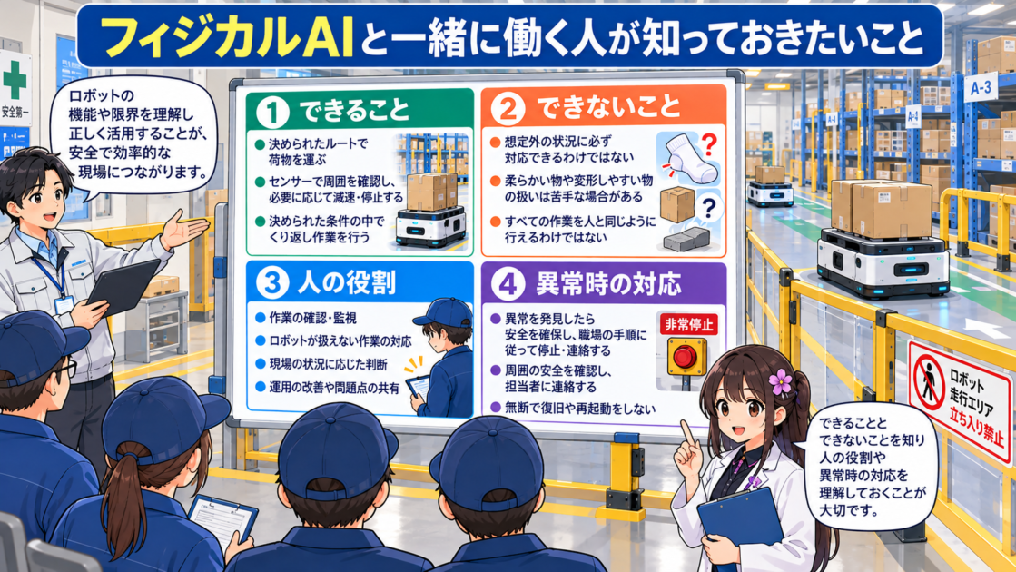 物流倉庫で導入担当者が従業員にAIロボットのできることや限界、異常時の対応を説明している場面