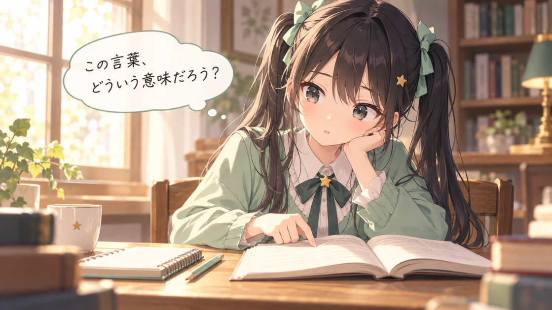 本を読みながら知らない言葉を見つけ、意味を考えているもこコトネ。