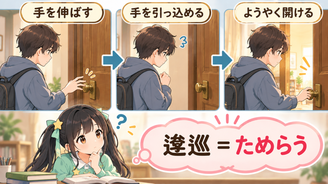 扉に手を伸ばし、引っ込め、ようやく開ける人物の行動から「逡巡」の意味を考える図。