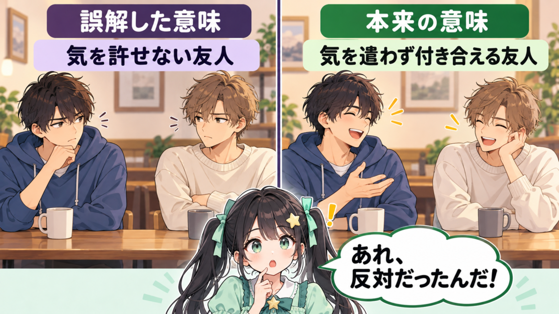 「気が置けない友人」を警戒する相手と誤解した場合と、気兼ねなく付き合える友人と理解した場合の比較図。