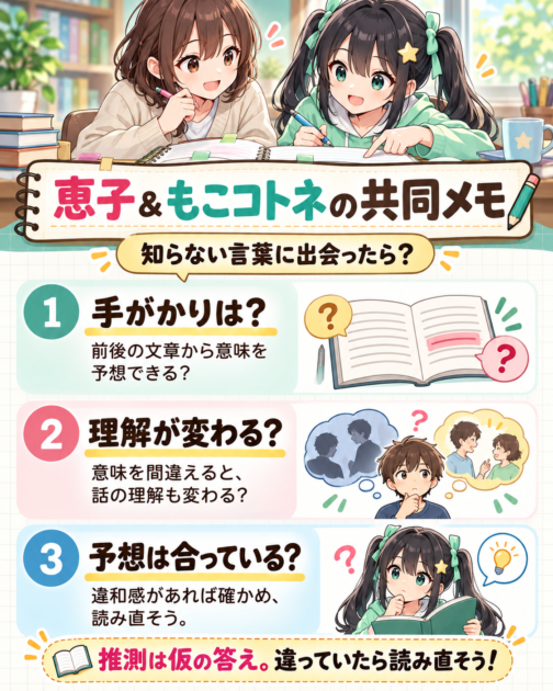 恵子ともこコトネが、知らない言葉に出会ったときの判断に役立つ3つの問いを共同メモにまとめた図。