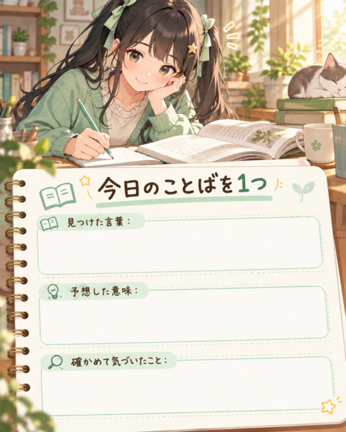 もこコトネが読書で見つけた言葉を一つ選び、予想した意味と確認したことをノートに記録する図。