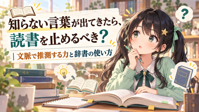 本を読みながら知らない言葉の意味を考えるもこコトネ。「知らない言葉が出てきたら、読書を止めるべき？」のアイキャッチ画像。