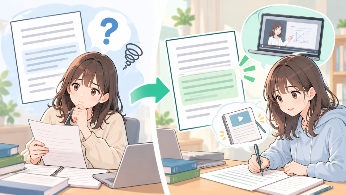 曖昧なレポートの説明を、録画教材の具体的な利用例に置き換えて改善するイメージ