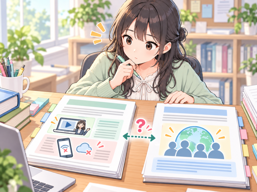 恵子がレポートの修正した本文と以前の結論を比較し、説明のつながりを確認している