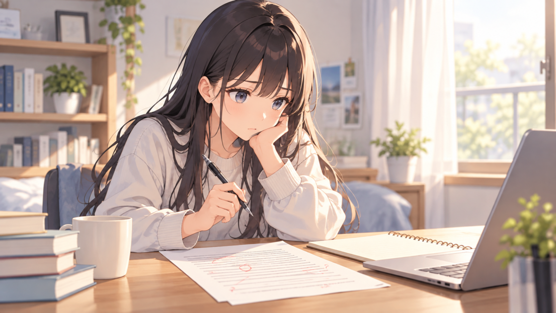 先生の修正コメントが書かれたレポートを見ながら、直し方を考える大学生