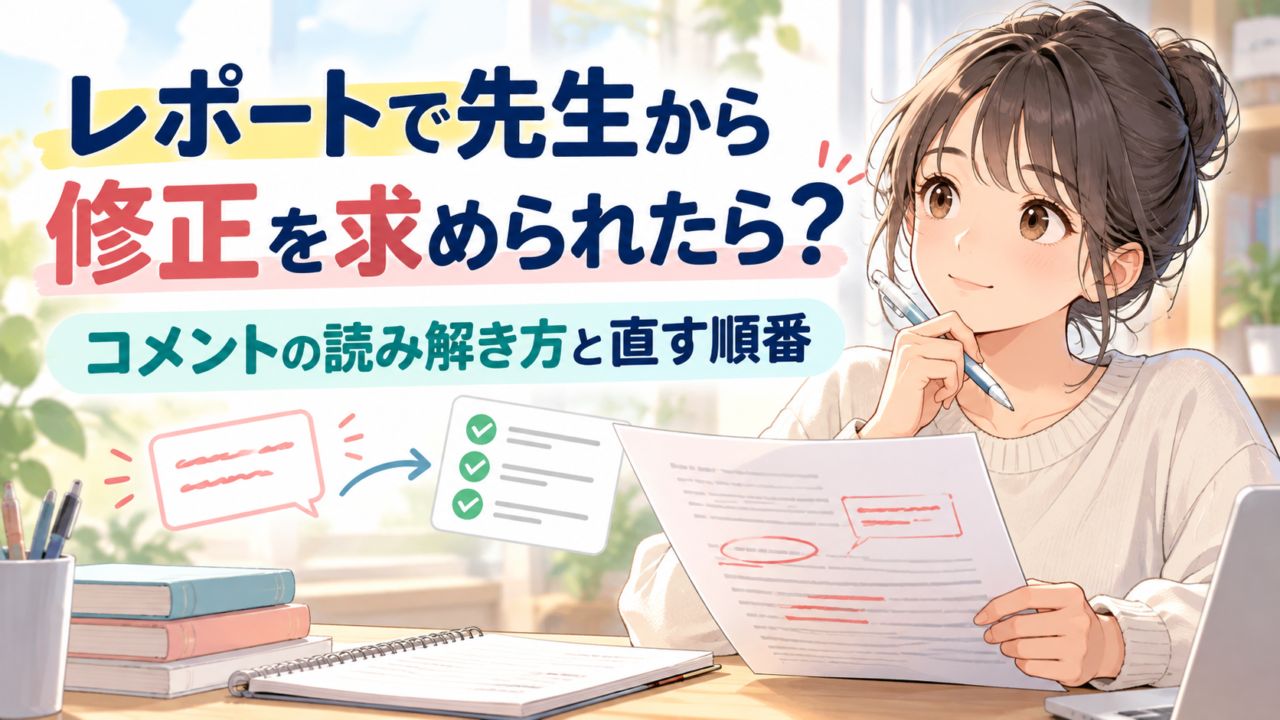 先生からレポートの修正を求められた大学生と、「コメントの読み解き方と直す順番」という記事タイトルを描いたアイキャッチ