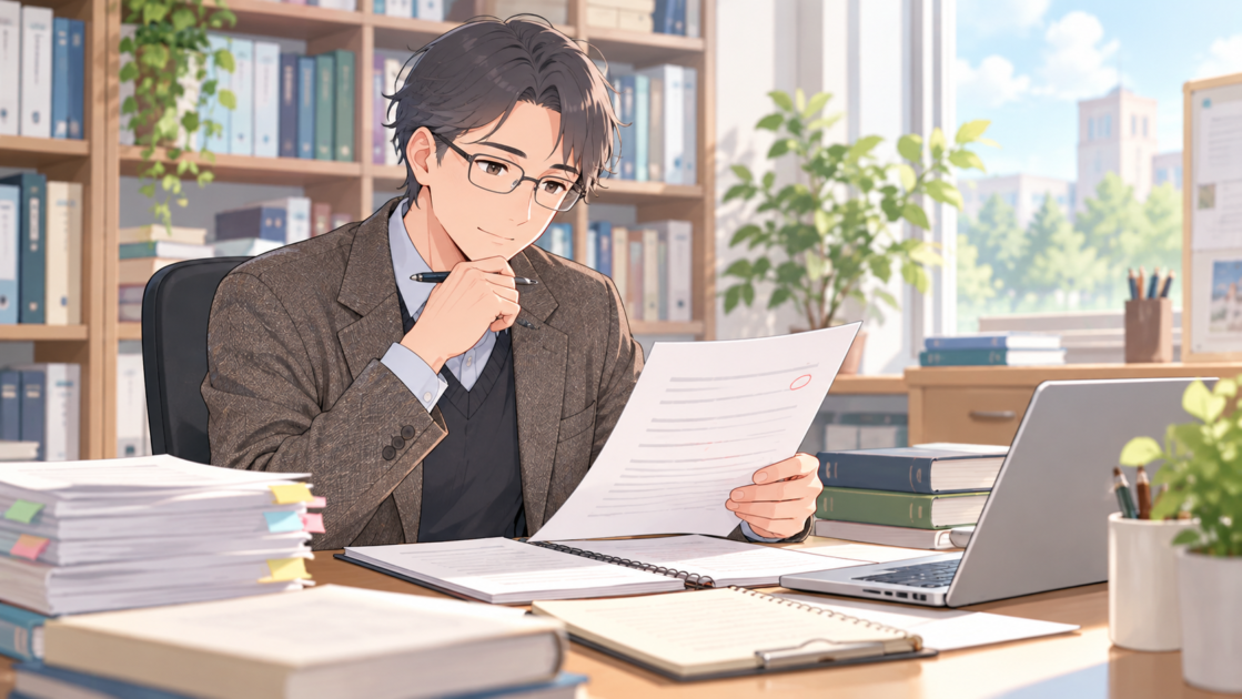 大学教員が学生のレポートを読み、改善点について考えている様子