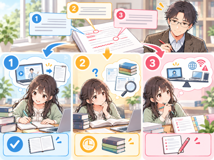 オンライン教材のレポートについて、具体化、根拠の確認、課題の検討という3つの修正作業を示す図