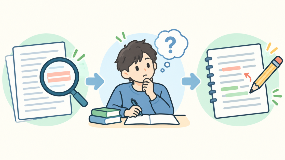 レポートの修正箇所を探し、問題点を考え、修正するまでの3段階を示す図