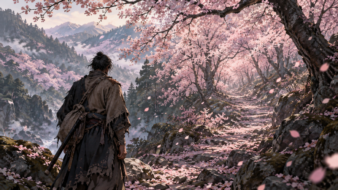 満開の桜の森を前に立ち止まる山賊の男の後ろ姿