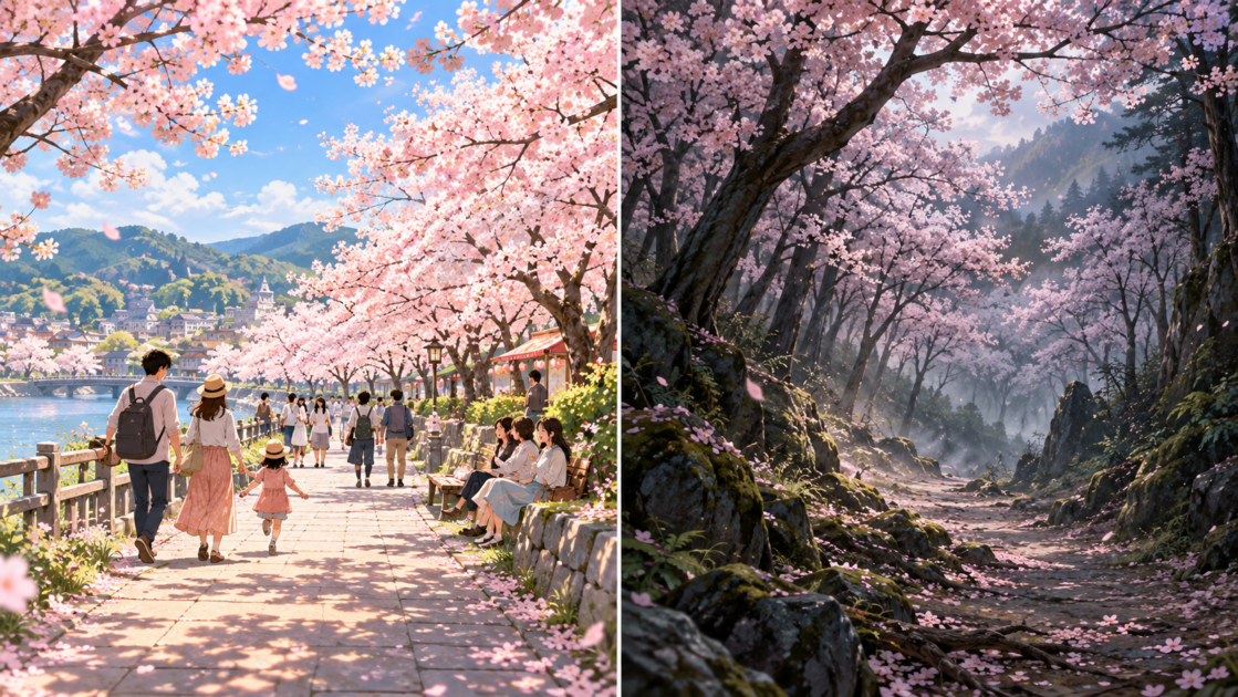 人々が花見を楽しむ明るい桜並木と、誰もいない静かな桜の森の比較