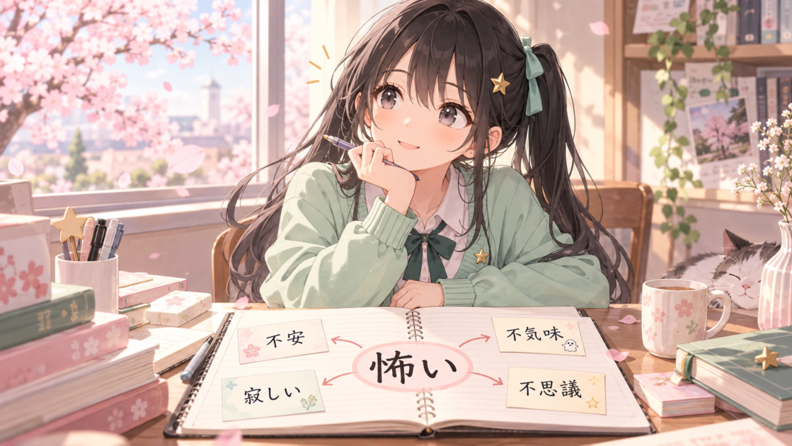 もこコトネが「怖い」という言葉から不安、不気味、寂しさなどの感情の違いを考えている