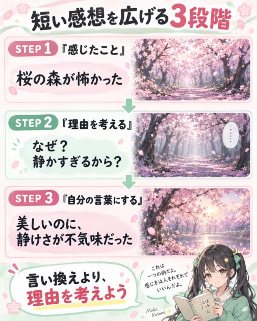 「桜の森が怖かった」という感想から、理由を考えて文章を具体的にする3段階の図解
