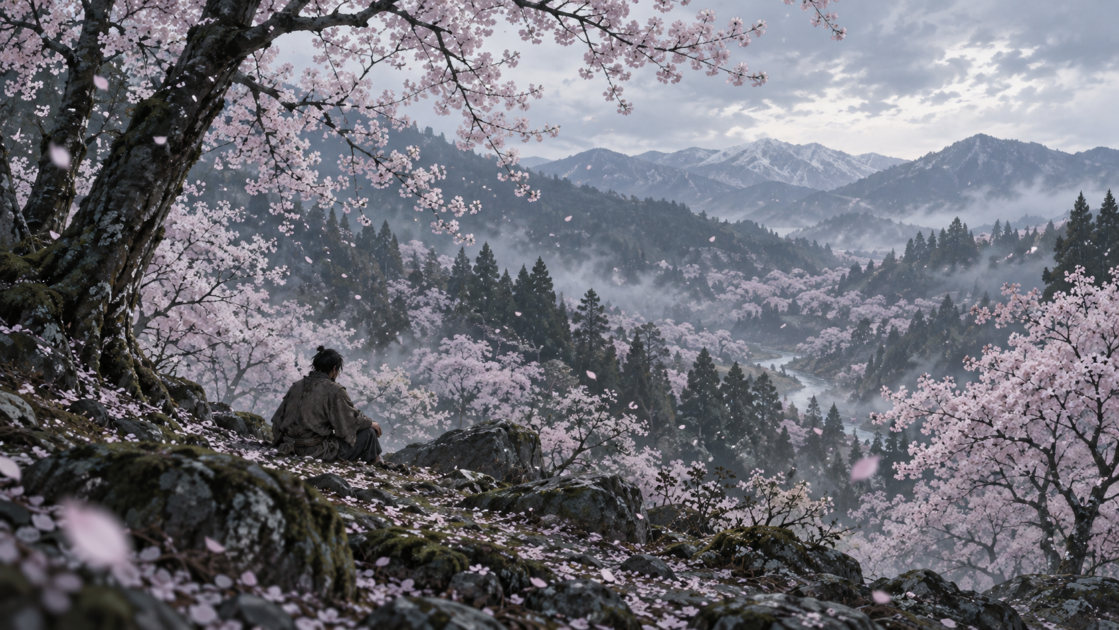 女を失った男が満開の桜の森に一人座り、花びらが舞う静かな情景