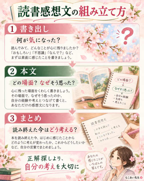 読書感想文を「書き出し」「本文」「まとめ」の3つに分け、自分の感想を文章にする方法を示した図解