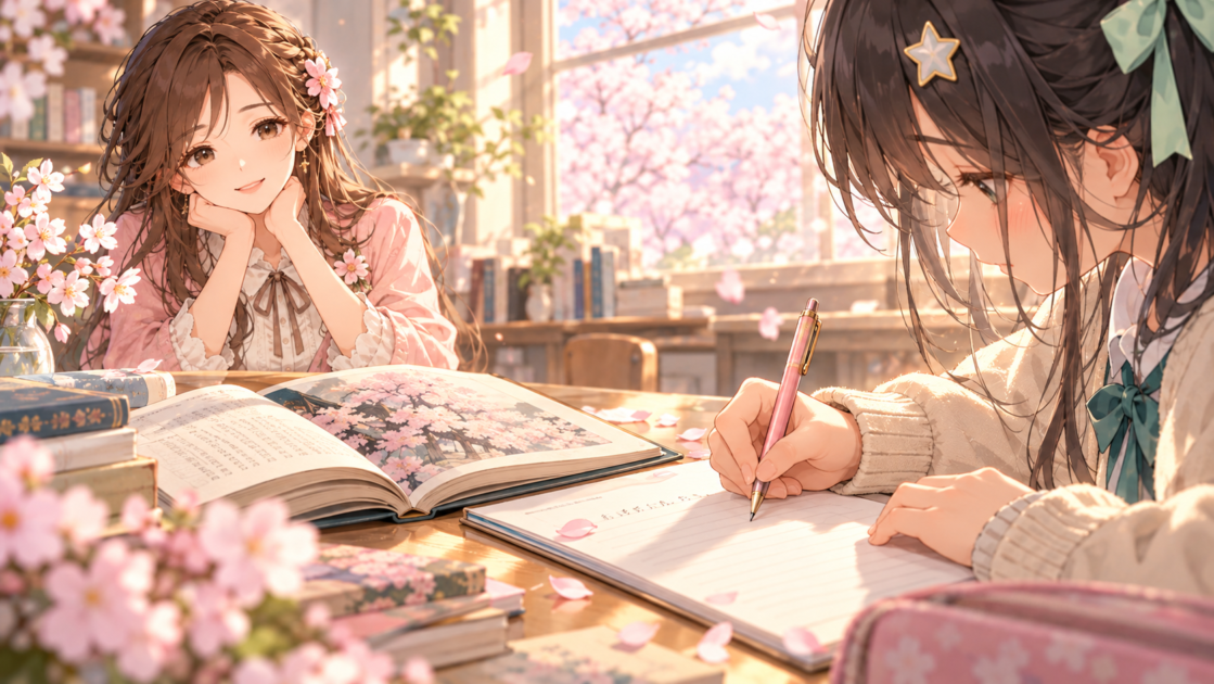桜の花びらが舞う窓辺で、読者が自分の読書感想文を書き始め、もこあい先生が見守る場面