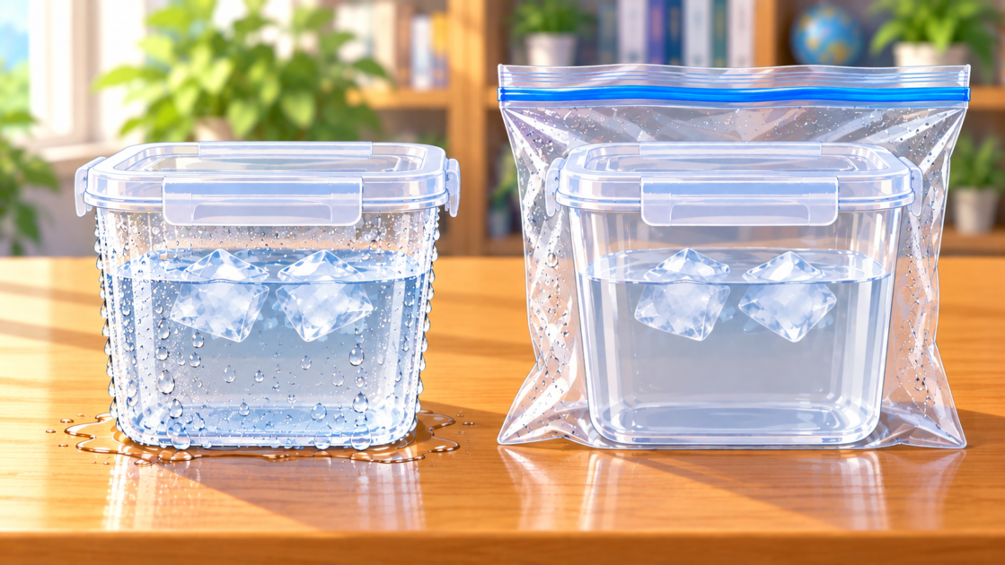 冷たい容器をそのまま置いた場合と、透明な袋で包んだ場合の水滴のつき方を比較する実験