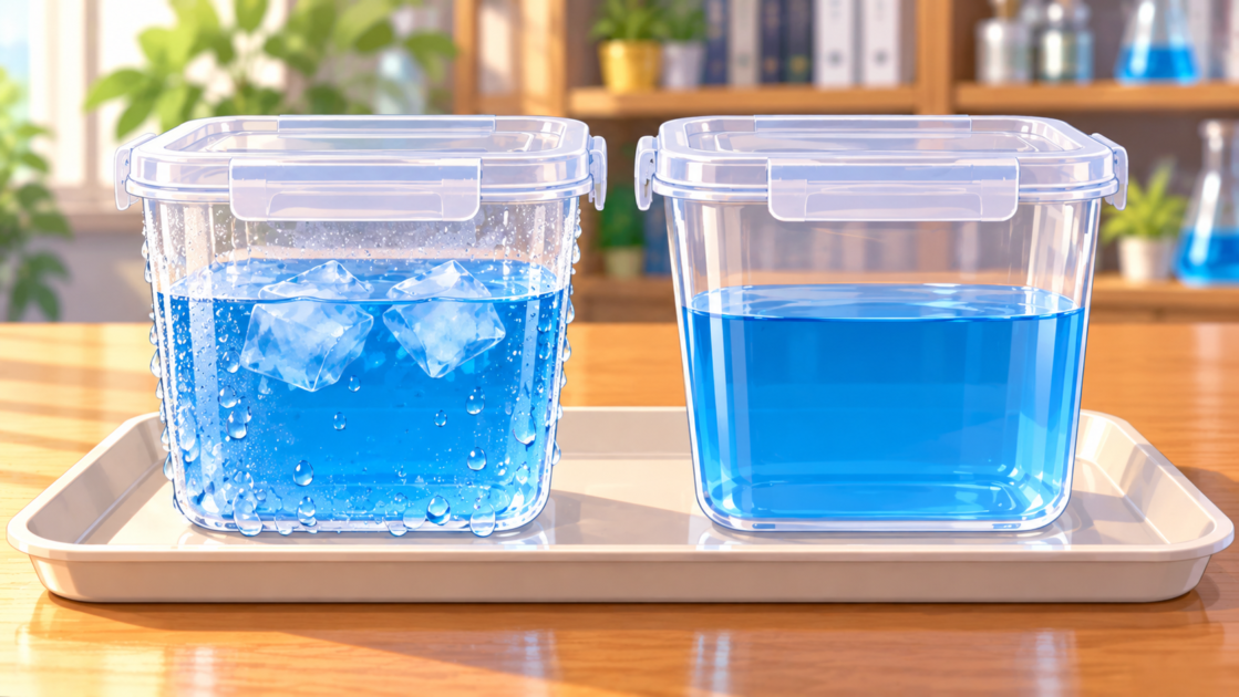 青い氷水を入れた容器の外側には透明な水滴がつき、常温の青い水の容器はほぼ乾いている比較