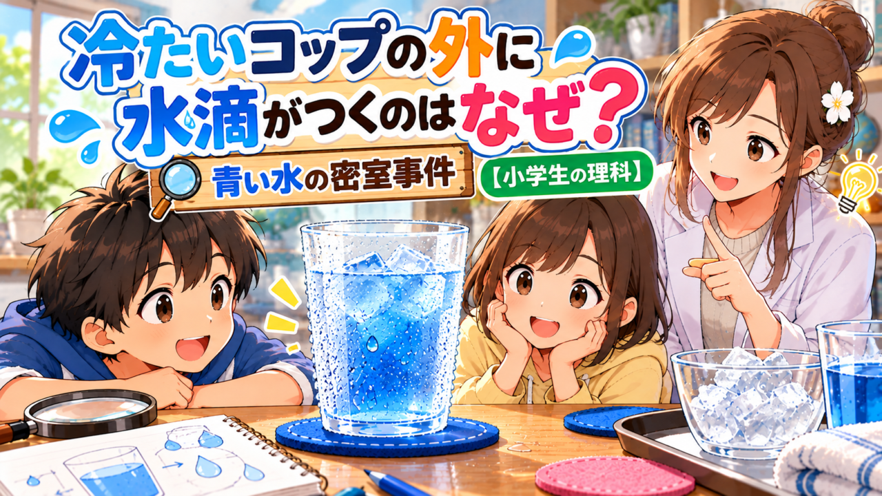 冷たいコップの結露をテーマに、青い水のコップを囲む健太、恵子、もこあい先生と記事タイトルを描いたアイキャッチ