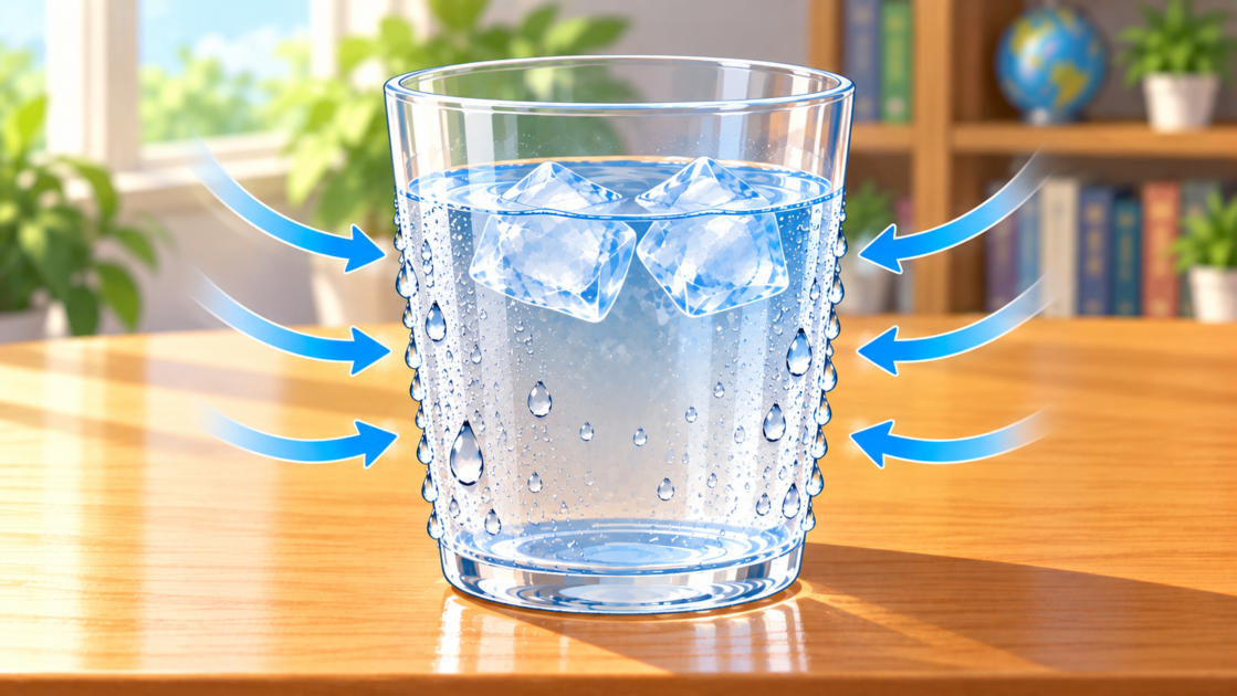 空気中の目に見えない水蒸気が冷たいコップの表面付近で冷やされ、外側に水滴ができる結露の仕組み
