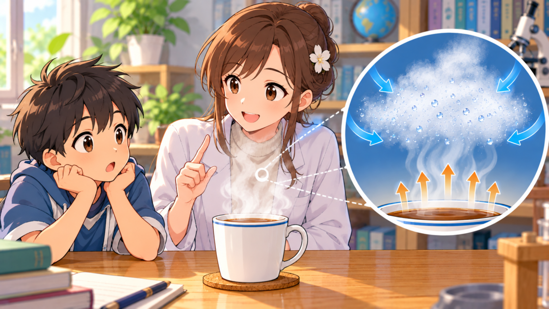 温かい飲み物の白い湯気を見ながら、目に見えない水蒸気と小さな水滴の違いを考える健太ともこあい先生