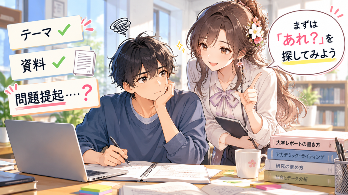 大学レポートの問題提起で悩む大学生を、もこあい先生が「あれ？」から考えようと案内するイラスト