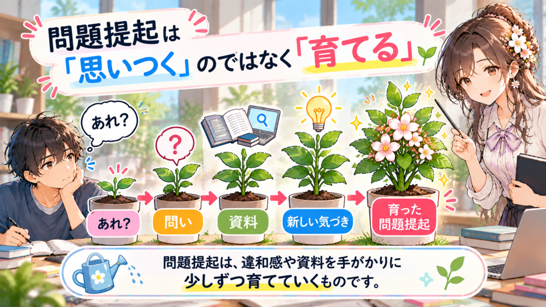 「あれ？」という違和感から問いや資料を経て問題提起が育つ流れを植物の成長で表した図
