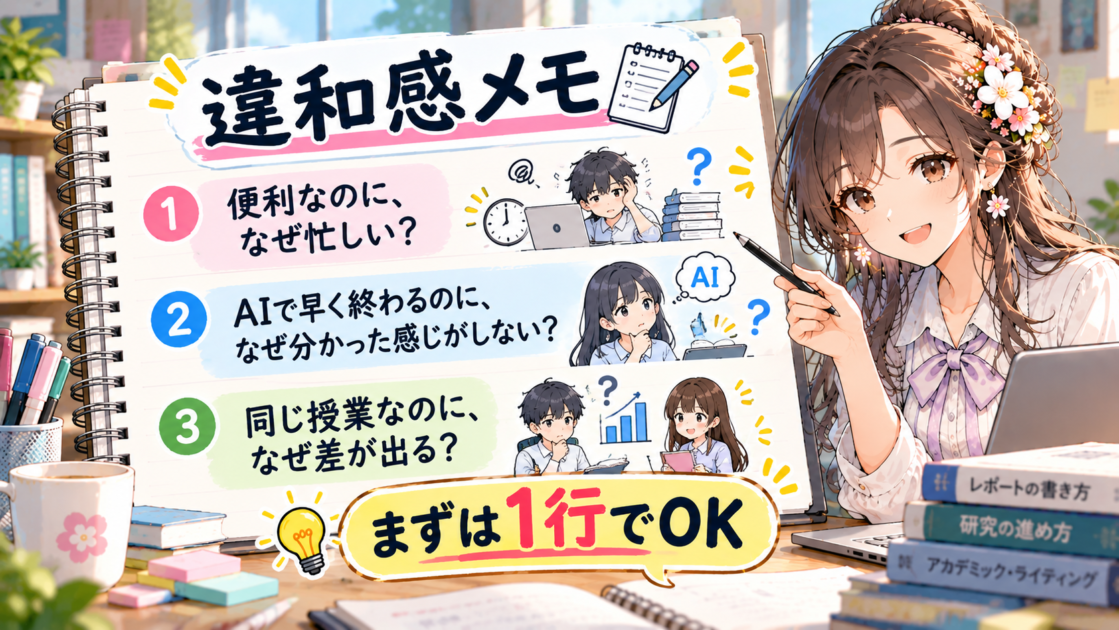身近な違和感を1行で書く「違和感メモ」の例を示すノートと、案内するもこあい先生