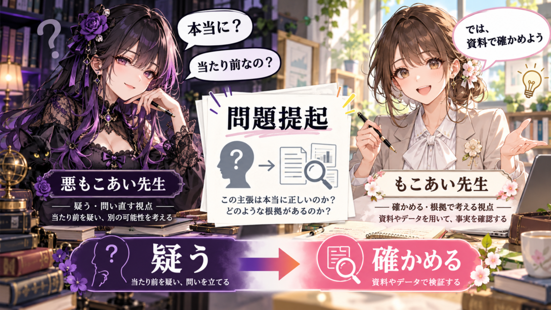 「本当に？」と疑う悪もこあい先生と、「資料で確かめよう」と整理するもこあい先生の対比