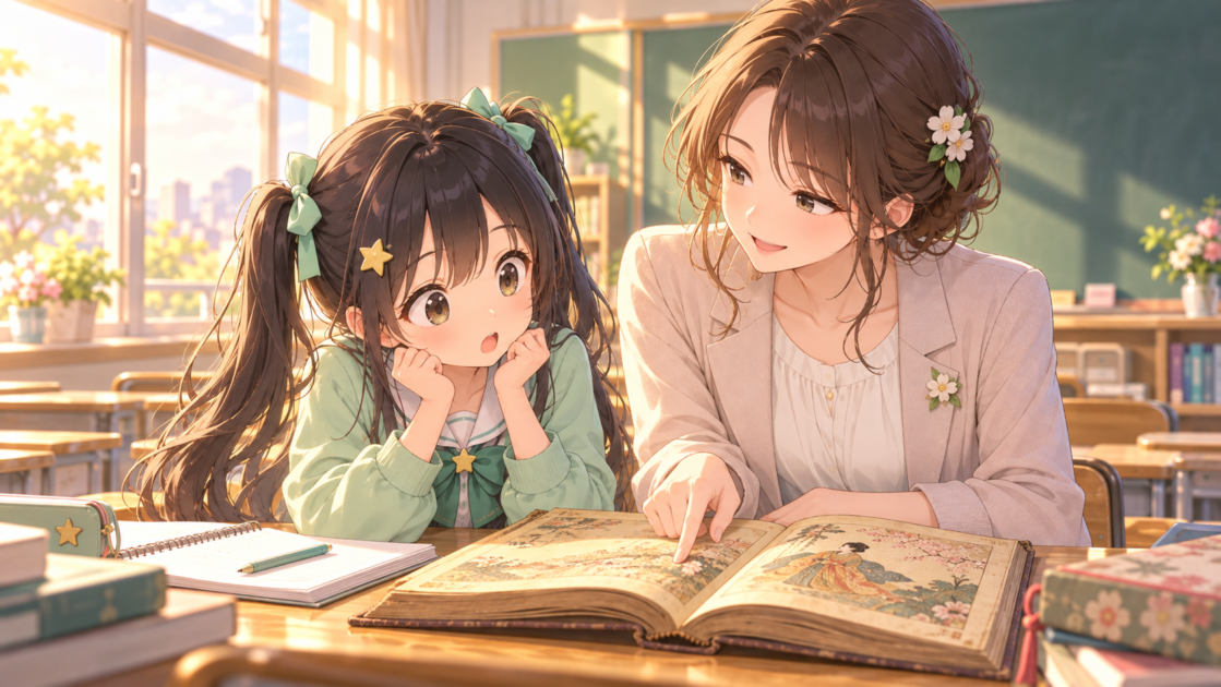 古い小説を開き、昔の「全然」の使い方を知って驚くもこコトネと、説明するもこあい先生
