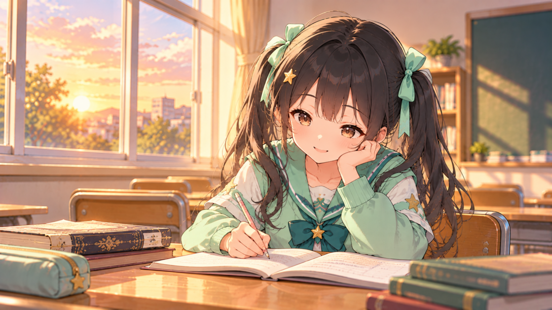 放課後の教室で、今日学んだ「全然」の意味をノートに書き留めるもこコトネ